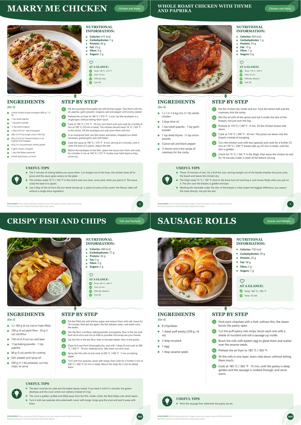 Book page: Marry Me chicken, 190 °C for 18 minutes, with a photo, ingredients in grams and step-by-step method